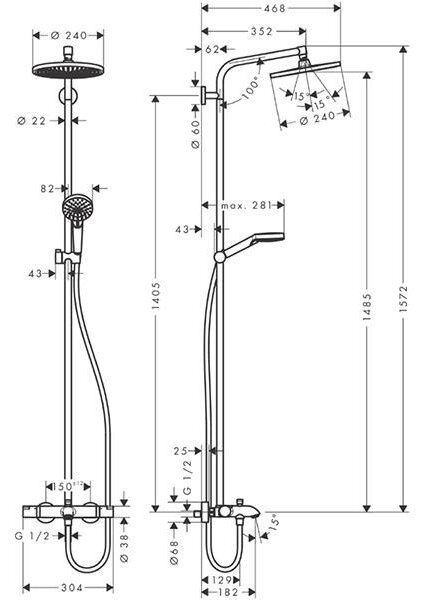 Coloana dus cu baterie si termostat Hansgrohe, Crometta S 240 1jet, cu pipa cada