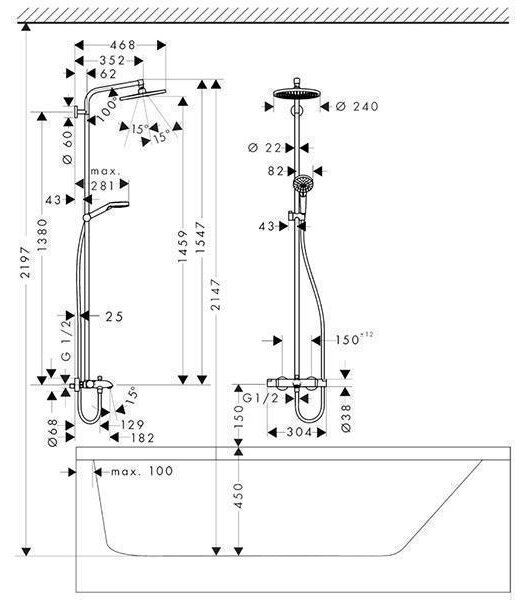 Coloana dus cu baterie si termostat Hansgrohe, Crometta S 240 1jet, cu pipa cada