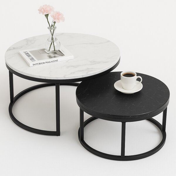 Set 2 masute de cafea, aspect marmura, 2 in 1, alb si negru, diametru 60 si 80 cm, JollyMag, STL14BCZ