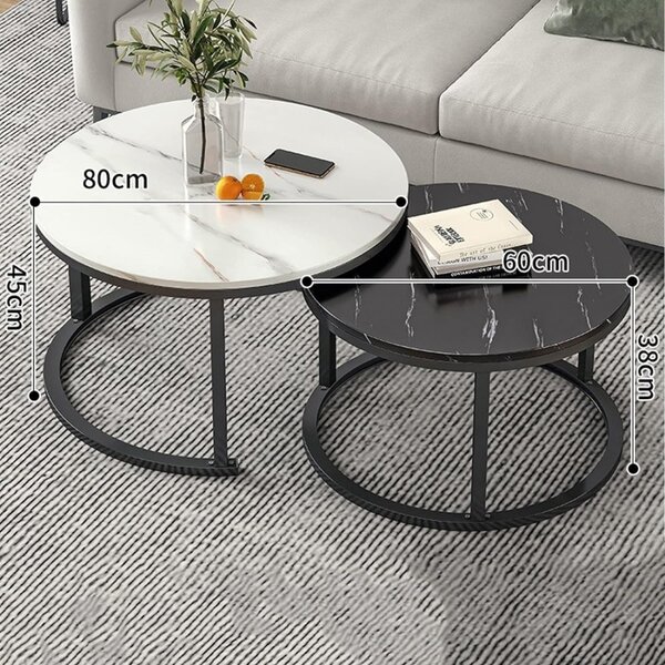 Set 2 masute de cafea, aspect marmura, 2 in 1, alb si negru, diametru 60 si 80 cm, JollyMag, STL14BCZ