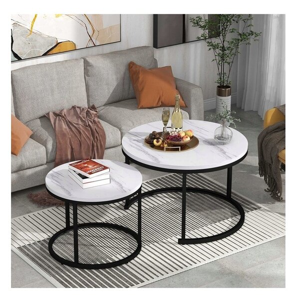 Set 2 masute de cafea, aspect marmura, 2 in 1, albe, diametru 60 si 80 cm, JollyMag, STL14