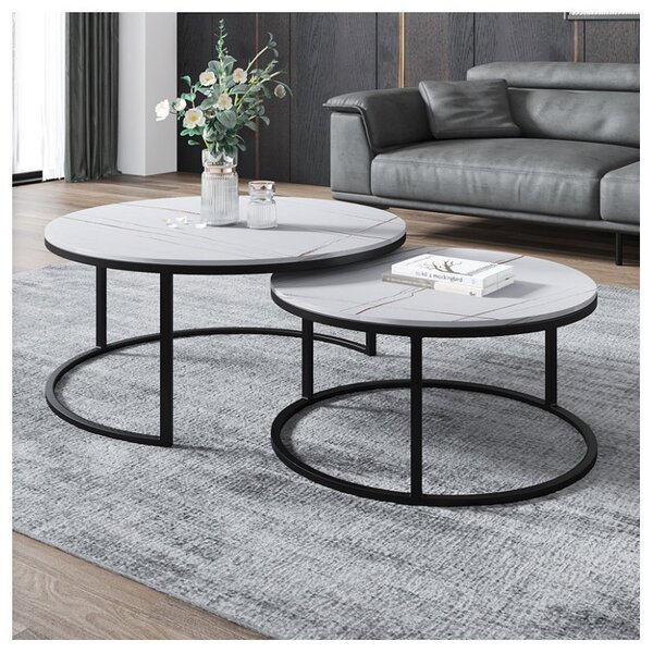 Set 2 masute de cafea, aspect marmura, 2 in 1, albe, diametru 60 si 80 cm, JollyMag, STL14