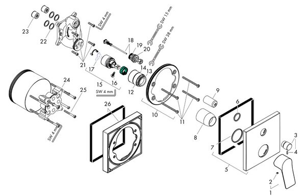 Baterie cada - dus, Hansgrohe, Vivenis, incastrabila, alb mat