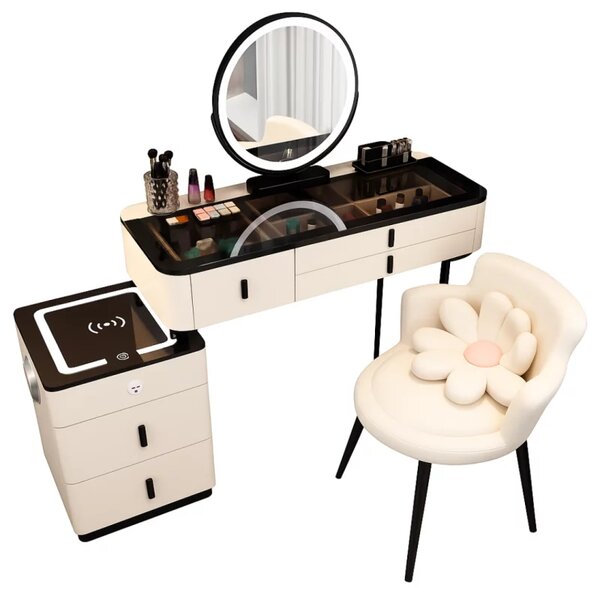 Măsuță de machiaj ISABELLA smart – cu oglindă rotundă LED și blat din sticlă securizată 120x40x120 cm