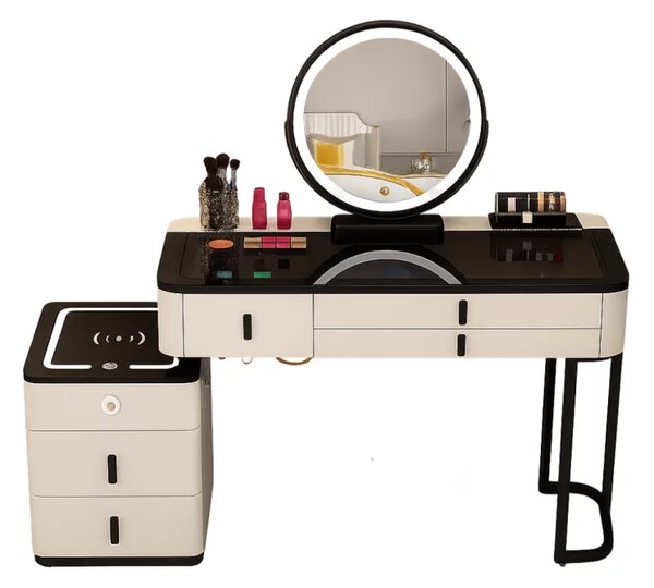 Măsuță de machiaj ISABELLA smart – cu oglindă rotundă LED și blat din sticlă securizată 100x40x120 cm