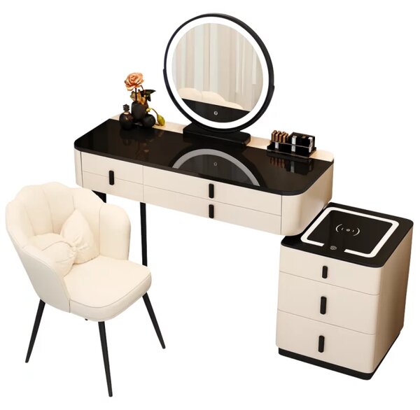 Măsuță de machiaj MARIPOSA smart – cu oglindă rotundă LED și blat din sticlă securizată 80x40x120 cm