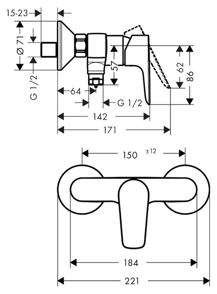 Baterie dus Hansgrohe, Talis E, montaj pe perete, negru mat