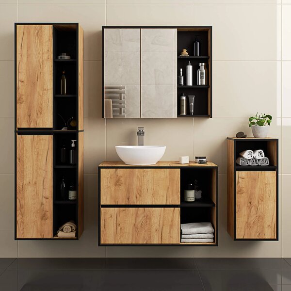 Dulap de baie Vambos W50 2D 6P (stejar artizanal + negru). Promo -18%. 1152101