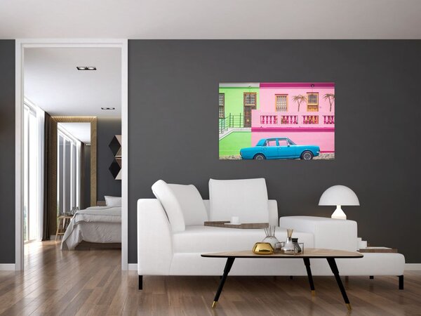Tablou cu mașina - casele colorate (90x60 cm)