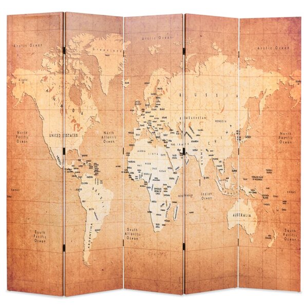 Paravan de cameră pliabil, galben, 200 x 170 cm, harta lumii