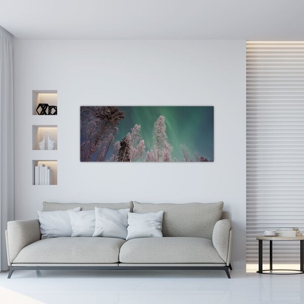 Tablou cu aurora borealis deasupra pomilor înghețați (120x50 cm)