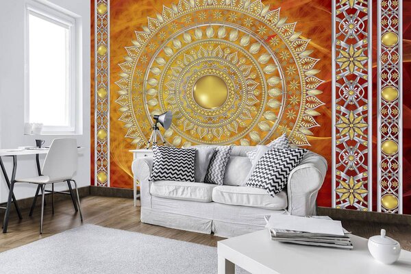 Fototapet - Mandala aurie în roșu (152,5x104 cm)
