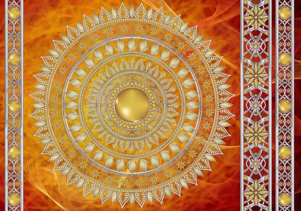 Fototapet - Mandala aurie în roșu (152,5x104 cm)