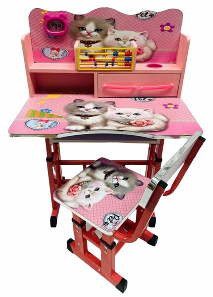 Birou cu sertare si scaunel pentru copii, 69x45x65 cm, Pisicute, Roz - MSP-26