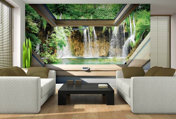 Fototapet - Privire spre geam cu cascade (152,5x104 cm)
