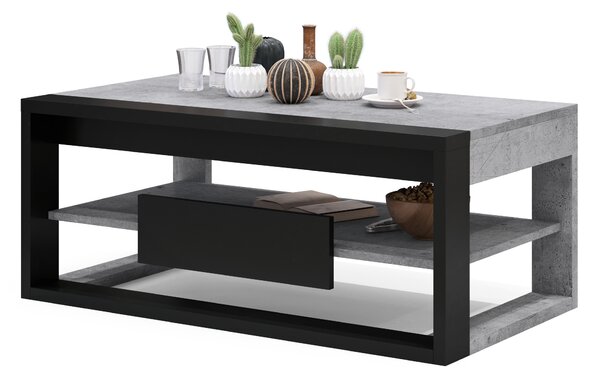 Mazzoni FRAME Beton Millenium/Negru Mat - MASĂ MODERNĂ CU BLAT RIDICAT + COMPARTIMENT DEPOZITARE + RAFT