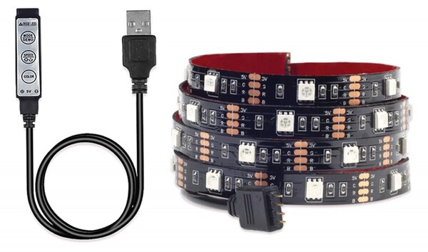 Set 4 benzi LED iluminare TV, iluminare RGB, telecomanda, 50 x 1 x 0,2 cm, negru