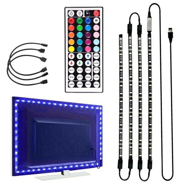 Set 4 benzi LED iluminare TV, iluminare RGB, telecomanda, 50 x 1 x 0,2 cm, negru