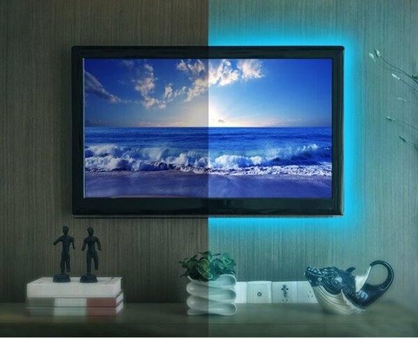 Set 4 benzi LED iluminare TV, iluminare RGB, telecomanda, 50 x 1 x 0,2 cm, negru