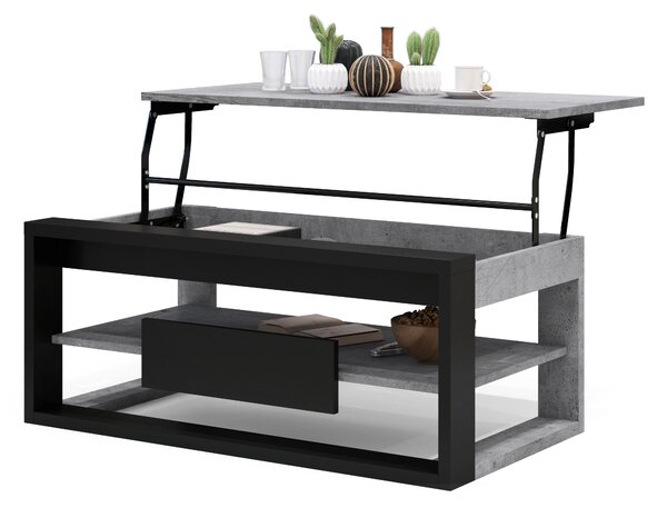 Mazzoni FRAME Beton Millenium/Negru Mat - MASĂ MODERNĂ CU BLAT RIDICAT + COMPARTIMENT DEPOZITARE + RAFT
