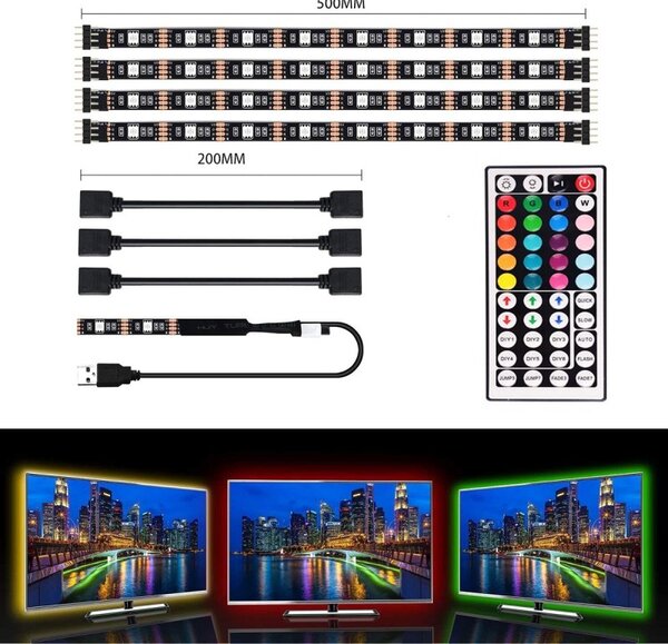 Set 4 benzi LED iluminare TV, iluminare RGB, telecomanda, 50 x 1 x 0,2 cm, negru