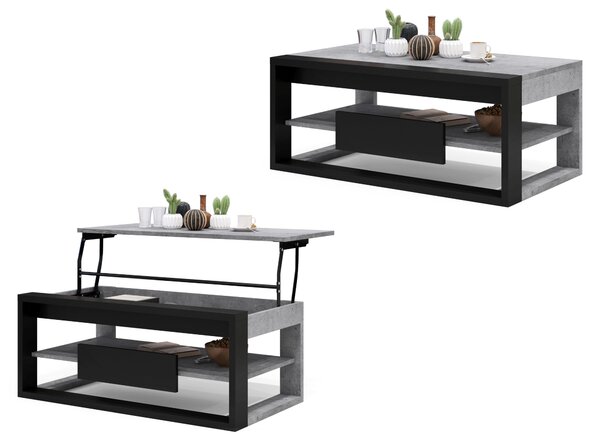 Mazzoni FRAME Beton Millenium/Negru Mat - MASĂ MODERNĂ CU BLAT RIDICAT + COMPARTIMENT DEPOZITARE + RAFT