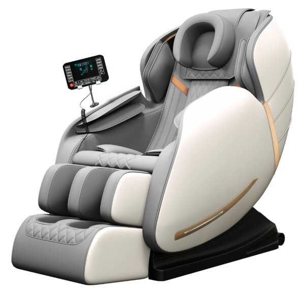 Fotoliu masaj AXIUS, cu Incalzire, Bluetooth, Display, Ecran tactil, Zero Gravity, 2 Boxe, Moduri Automate, Piele Ecologica Premium, Alb/Gri