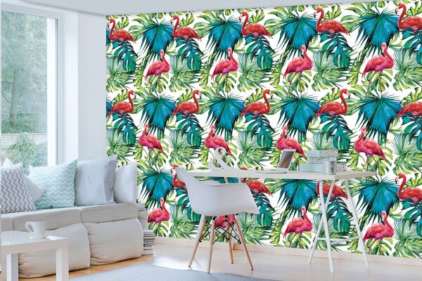 Fototapet - păsări flamingo și frunze (152,5x104 cm)