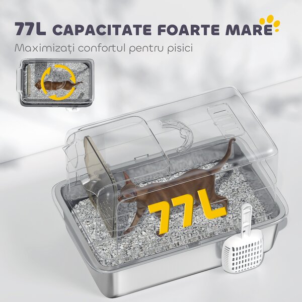 PawHut Litieră pentru pisici închisă cu tavă din oțel, lopățică și pungi filtrante, din PP, 40.5x60.5x41.5 cm | Aosom Romania