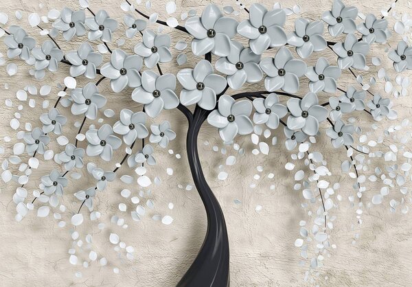 Fototapet - Copac și flori gri (152,5x104 cm)