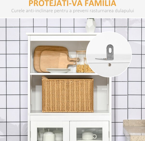 HOMCOM Dulap Camara Bucătărie, 2 Rafturi Deschise, 2 Dulapuri cu Uși, MDF și Sticlă Securizată, 60x30x162 cm, Alb | Aosom Romania