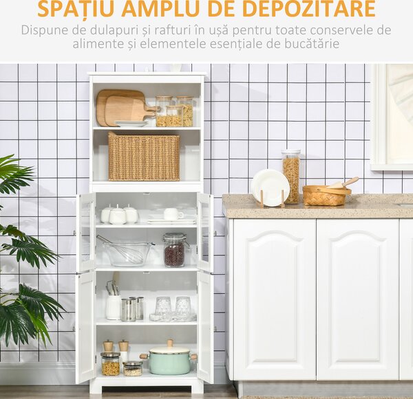 HOMCOM Dulap Camara Bucătărie, 2 Rafturi Deschise, 2 Dulapuri cu Uși, MDF și Sticlă Securizată, 60x30x162 cm, Alb | Aosom Romania