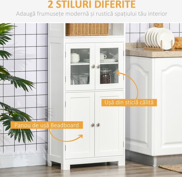 HOMCOM Dulap Camara Bucătărie, 2 Rafturi Deschise, 2 Dulapuri cu Uși, MDF și Sticlă Securizată, 60x30x162 cm, Alb | Aosom Romania