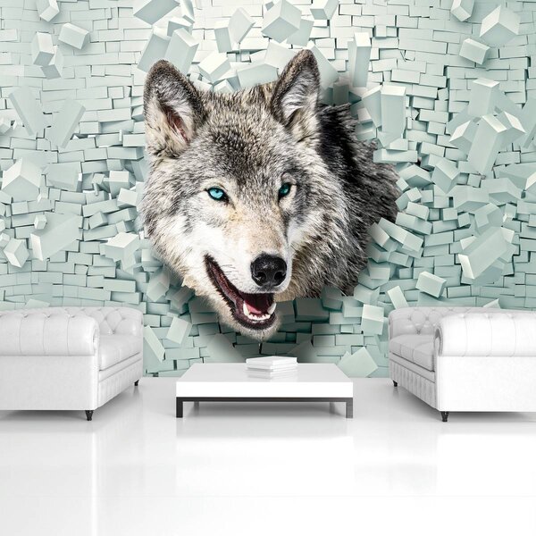 Fototapet - Lup iese din 3D perete (152,5x104 cm)