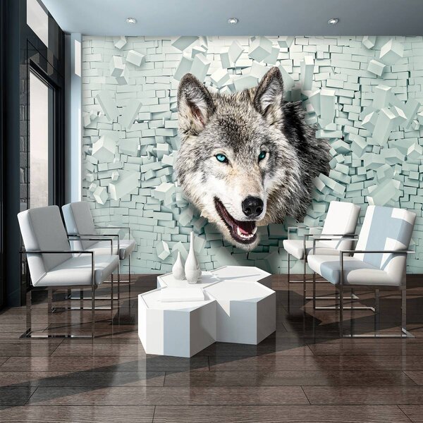 Fototapet - Lup iese din 3D perete (152,5x104 cm)