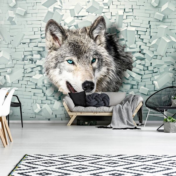 Fototapet - Lup iese din 3D perete (152,5x104 cm)