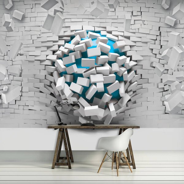 Fototapet - 3D mingea albastră și peretele alb din cărămizi (152,5x104 cm)