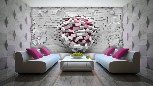 Fototapet - 3D minge cu perete alb din cărămizi (254x184 cm)