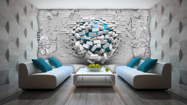 Fototapet - 3D mingea albastră și peretele alb din cărămizi (152,5x104 cm)