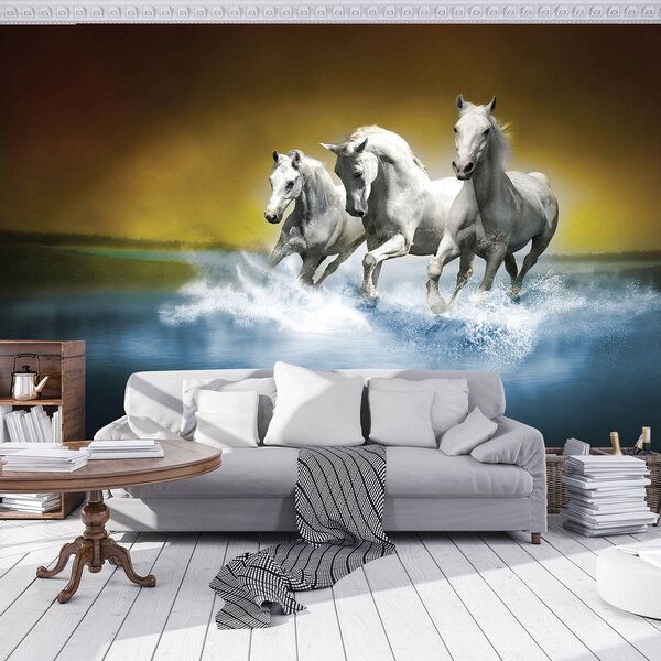 Fototapet - Calul alb în galop pe apă (254x184 cm)
