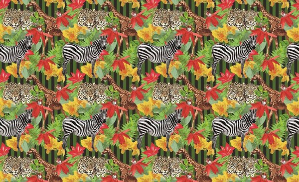 Fototapet - Leopard, zebră și girafă în junglă (152,5x104 cm)