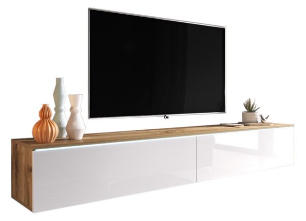 Comoda TV MENDES D 180, 180x30x32, stejar wotan/alb luciu + LED