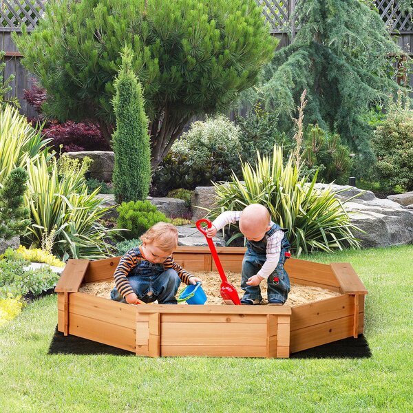 Outsunny Ladă de Nisip din Lem cu Scaune și Copertină, Joc de Grădină pentru Copii 3-8 Ani, 139.5x139.5x21.5 cm, Roșu | Aosom Romania