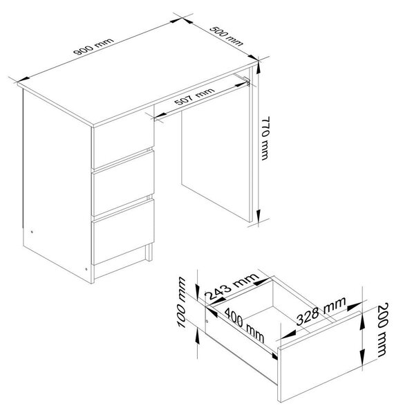 Birou calculator stanga cu 3 sertare si suport pentru tastatura 90 x 77 x 50 cm alb