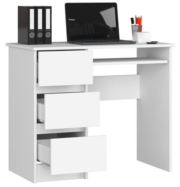 Birou calculator stanga cu 3 sertare si suport pentru tastatura 90 x 77 x 50 cm alb