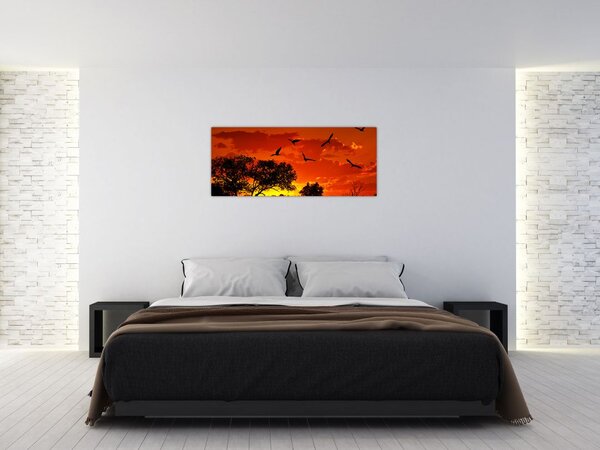 Tablou cu păsări în apus de soare (120x50 cm)