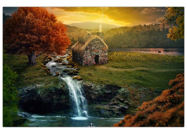 Tablou cu căbănuță în peisaj de poveste (90x60 cm)