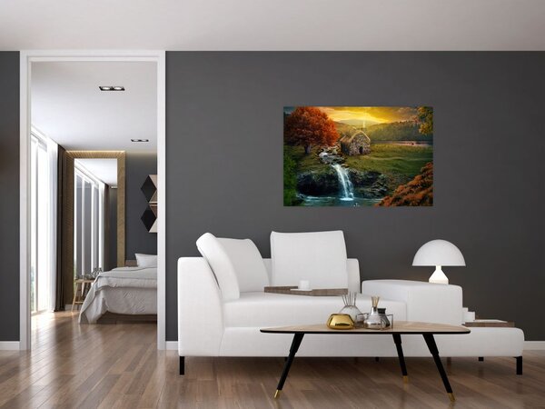 Tablou cu căbănuță în peisaj de poveste (90x60 cm)