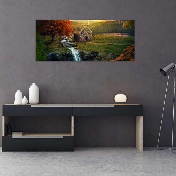 Tablou cu căbănuță în peisaj de poveste (120x50 cm)