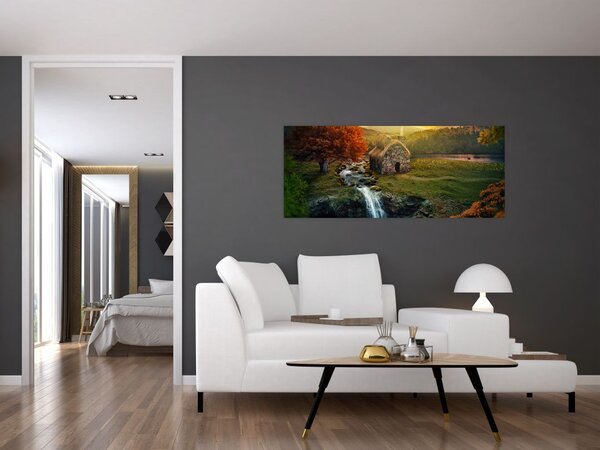 Tablou cu căbănuță în peisaj de poveste (120x50 cm)